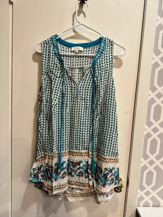 Umgee White Tunic with Teal Accents and Multicolor Floral Border - Picture 10 of 11